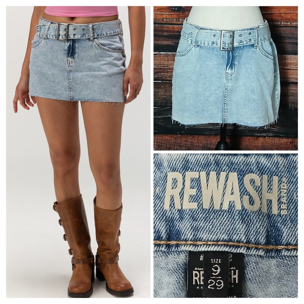 REWASH Jean Skirt 9 29 Belted Micro Mini Light Stone Denim Raw Hem